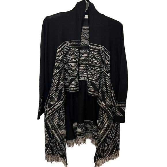 ALTAR’D STATE OPEN FRONT CASCADING SWEATER, WOMENS, L, BLACK-SOUTHWESTERN/AZTEC - Picture 1 of 12